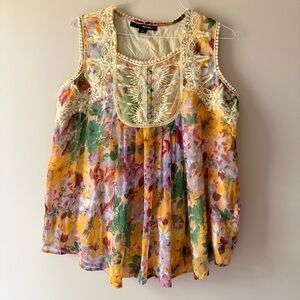 Denim 24/7 Women’s 16W Sheer Floral Blouse Top W Liner Lace Trim Boho Peasant